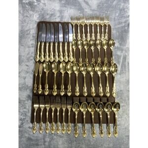 Vintage RETRONEU STEPHANIE Gold Accent Stainless Japan Flatware 48 Piece RARE